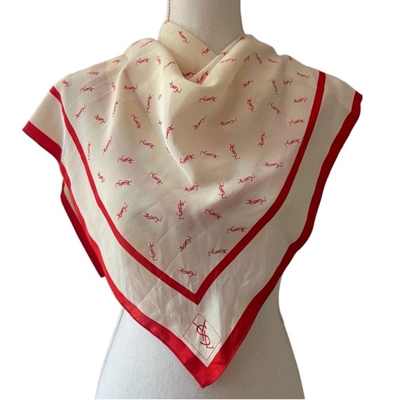 YSL Yves Saint Laurent Silk Scarf Large Multi Wear GUC Red White Monogram - Picture 1 of 12